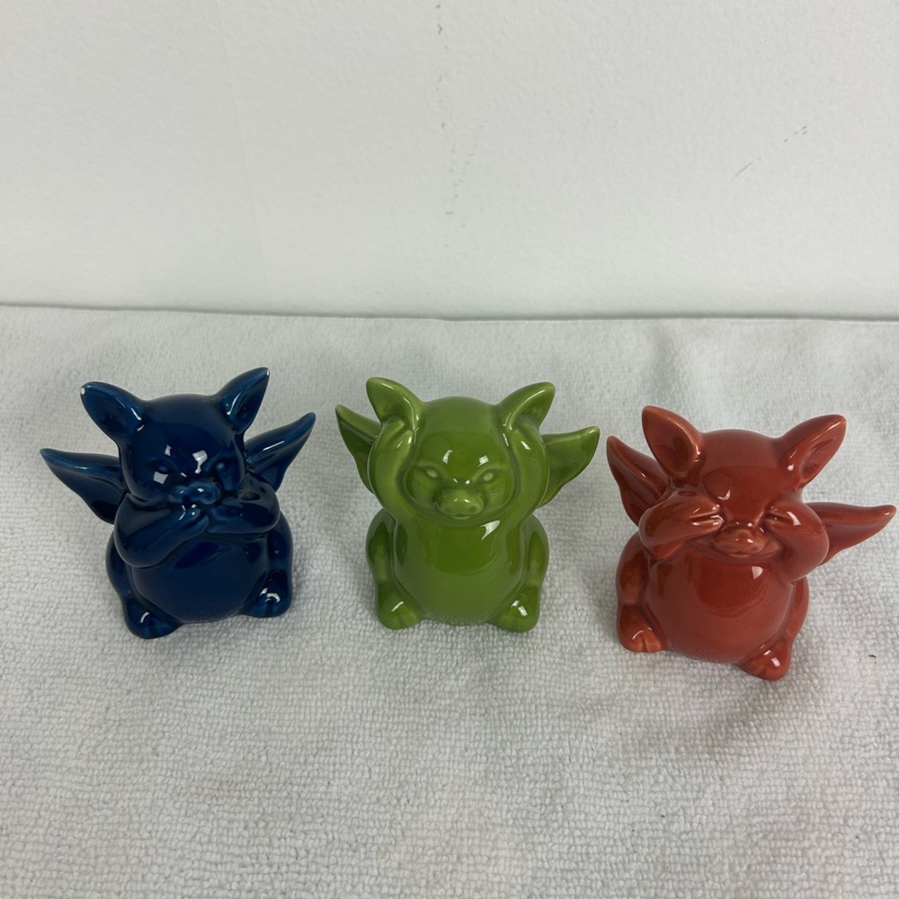 Colorful "See ..., Hear ..., Speak No Evil" Ceramic pigs w/ wings (Set of 3)